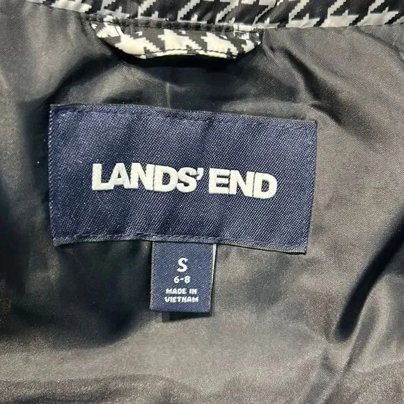Lands' End Puffer Vest Womens Sz Small 6-8 Black White Houndstooth Check Zip Fro - Picture 3 of 8